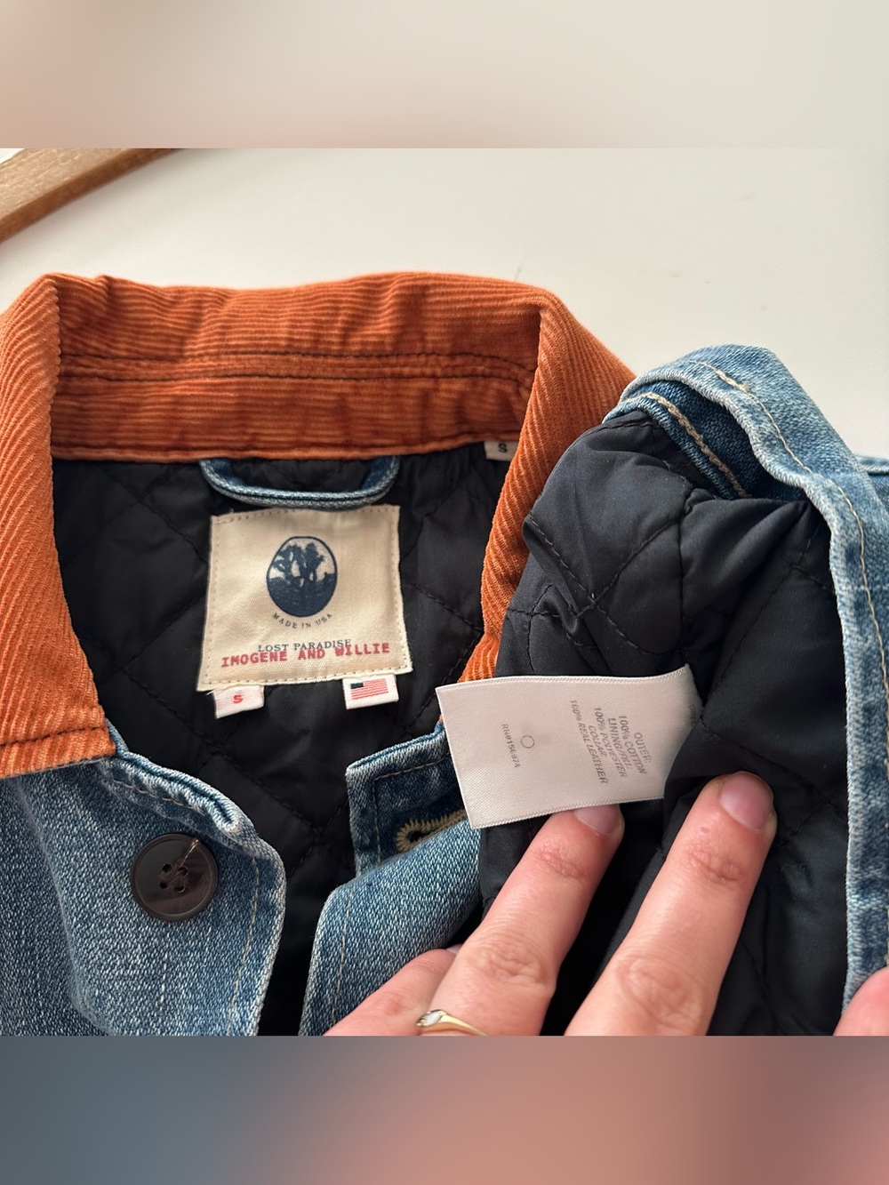 Imogene + Willie Quilt Lined Washed Denim Chore Coat S Cord Collar Unisex - Picture 6 of 6